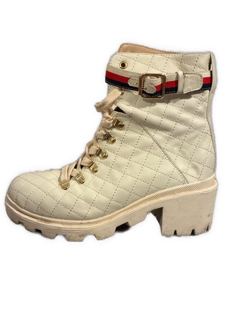 Gucci Quilted Leather Combat Boots Ivory Sylvie Web Stripe Lug Sole 8